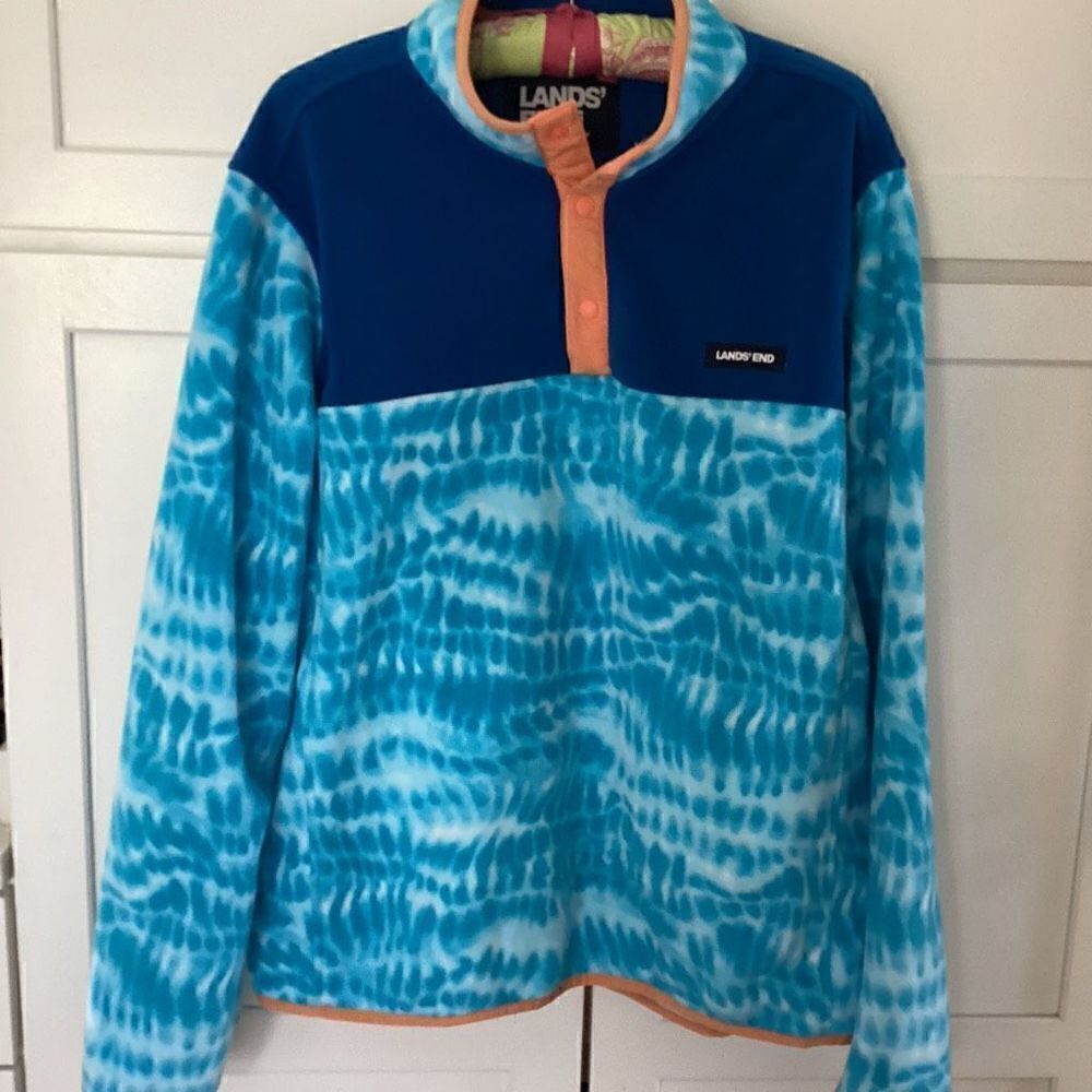 Lands End Mens Heritage Fleece 1/4 Snap Neck Pullover Sz L 42-44 Blue